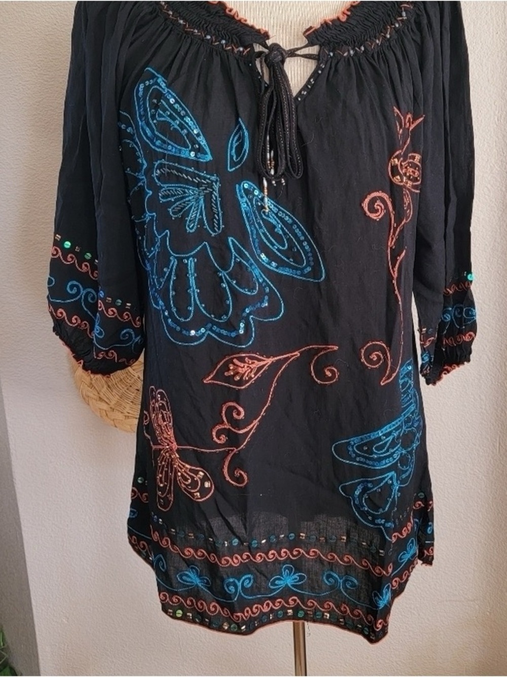Boho Embroidered Black Tunic Top with Teal & Coral Accents